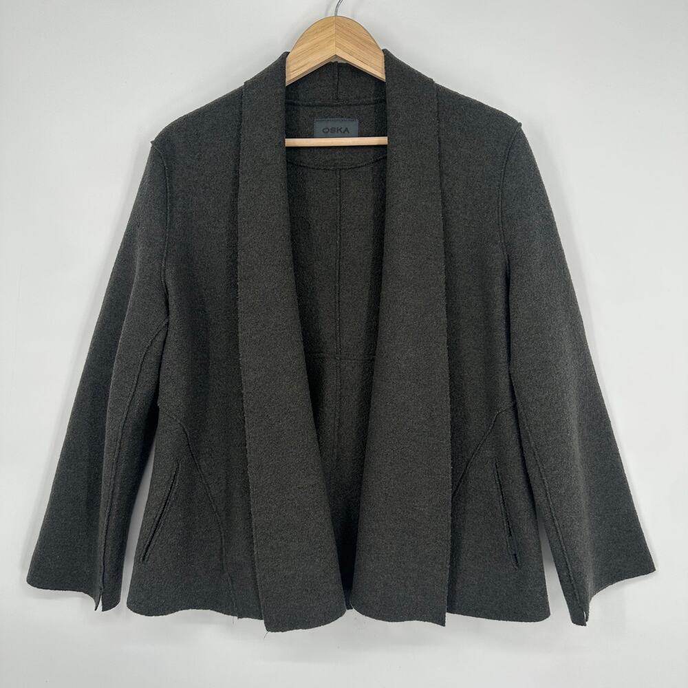 OSKA Boiled Wool Cardigan 100% Wool Exposed Seam Knit Sweater, Charcoal Gray